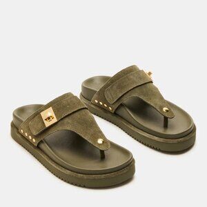 Steve Madden Olive Green Suede Thong Sandals with Gold Studs